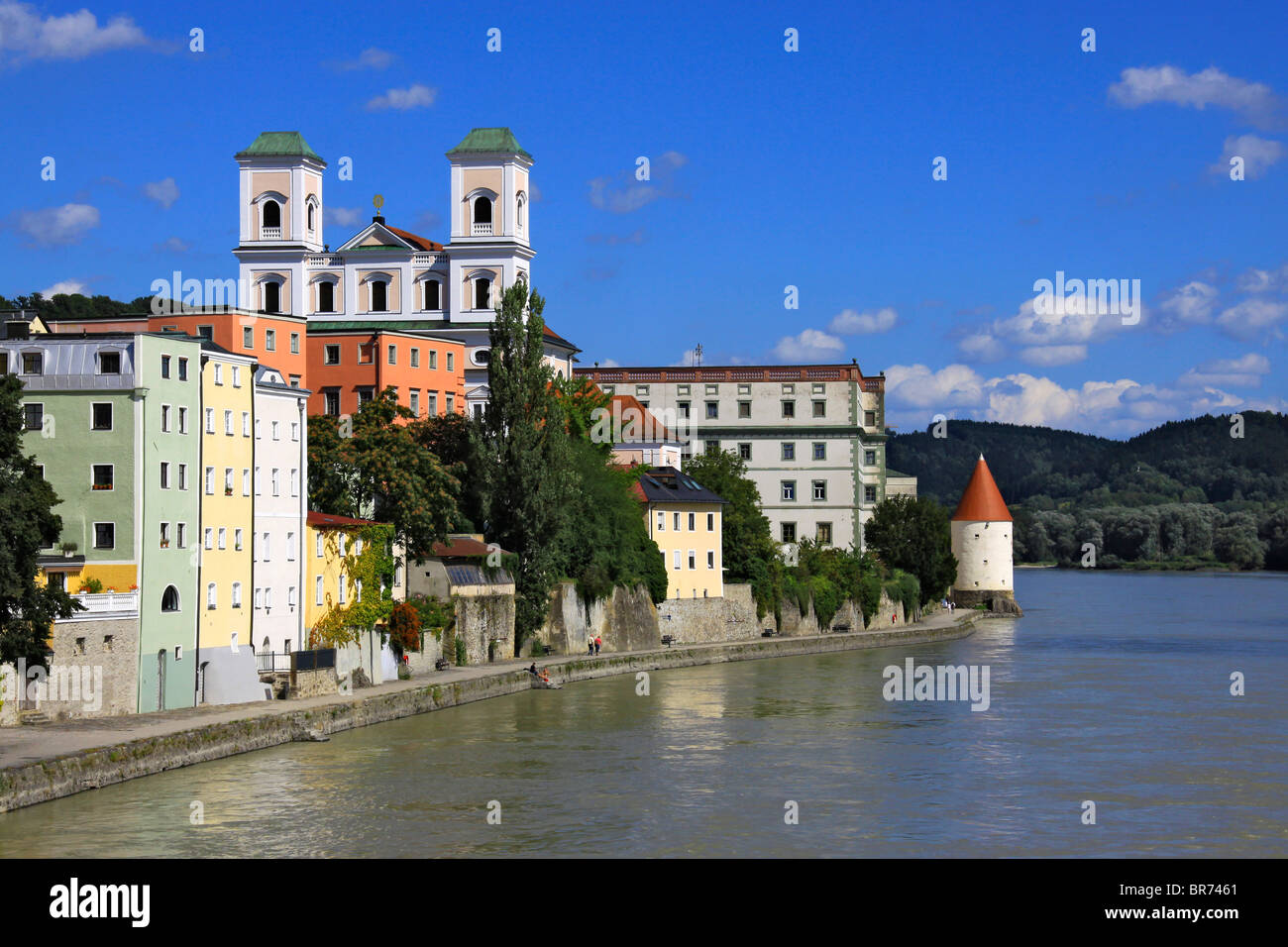 Germany, Bavaria, Lower Bavaria, Passau, Inn river, St. Michael Church, Schaiblingsturm Stock Photo