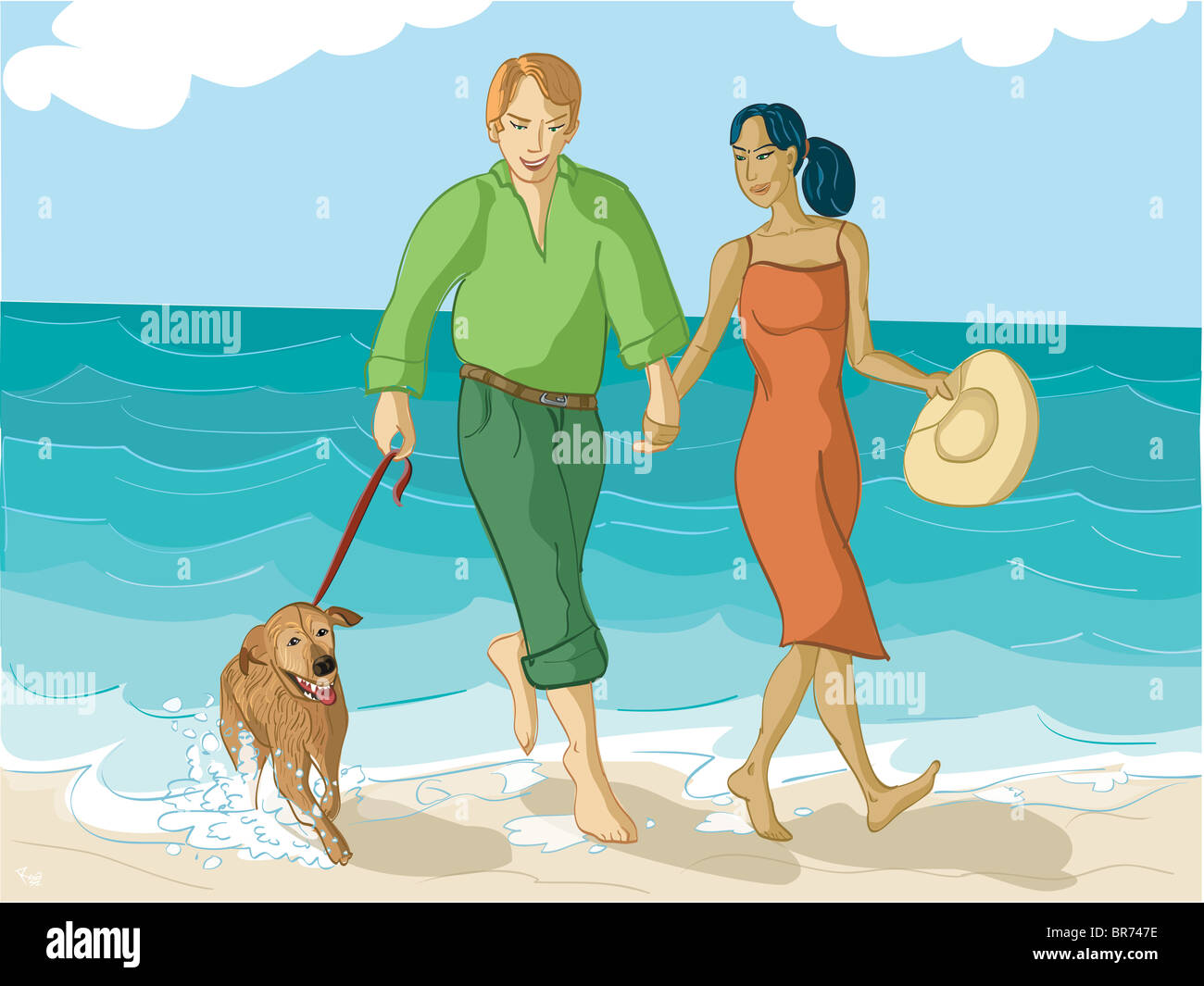 couple walking their dog Stock Photo - Alamy