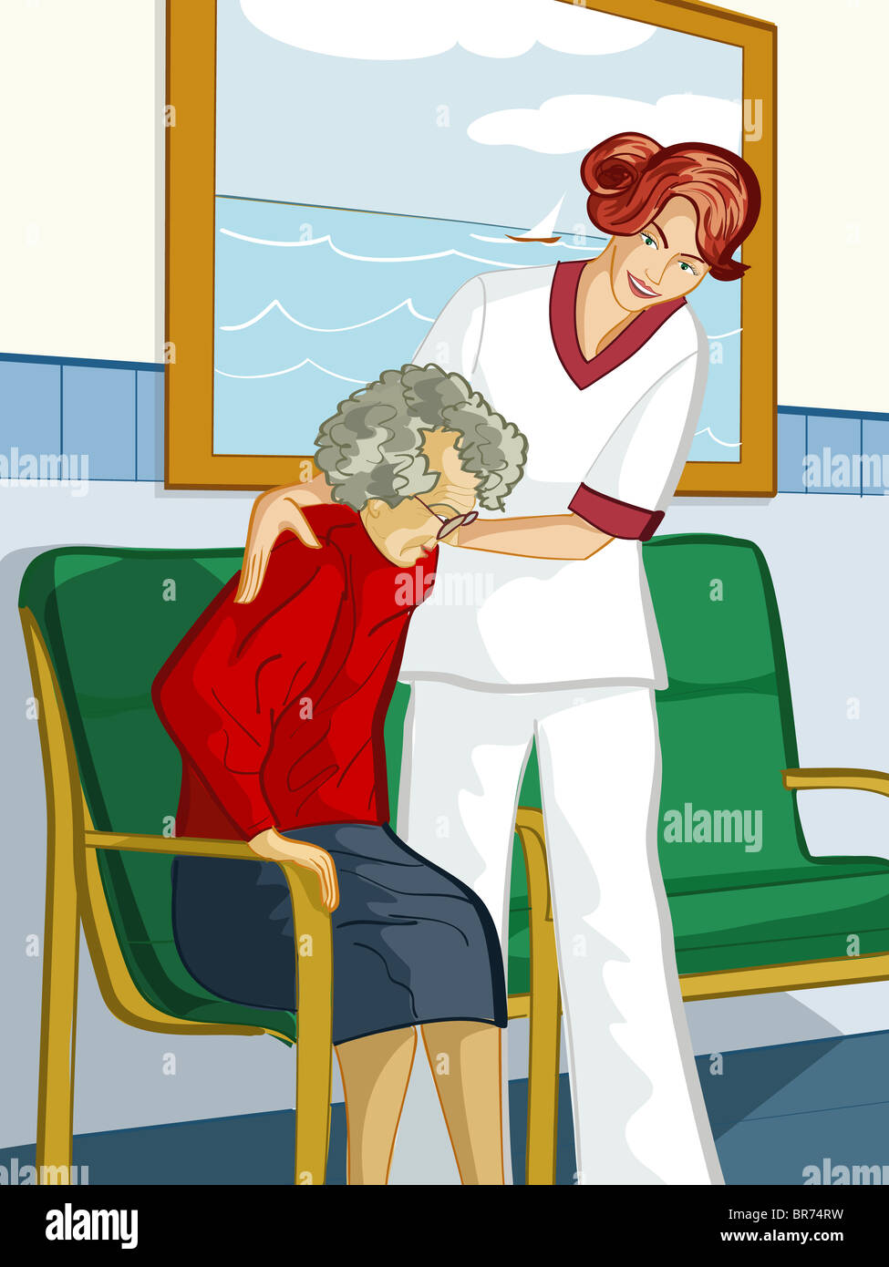 A healthcare worker helping an elderly woman out of a chair Stock Photo