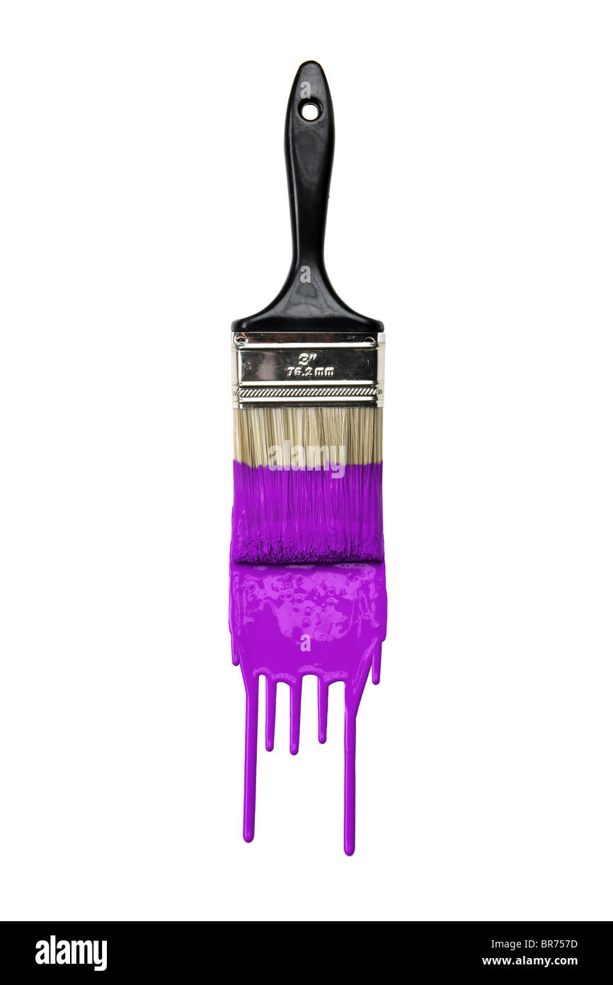 Paintbrush with dripping purple paint isolated over white background Stock Photo
