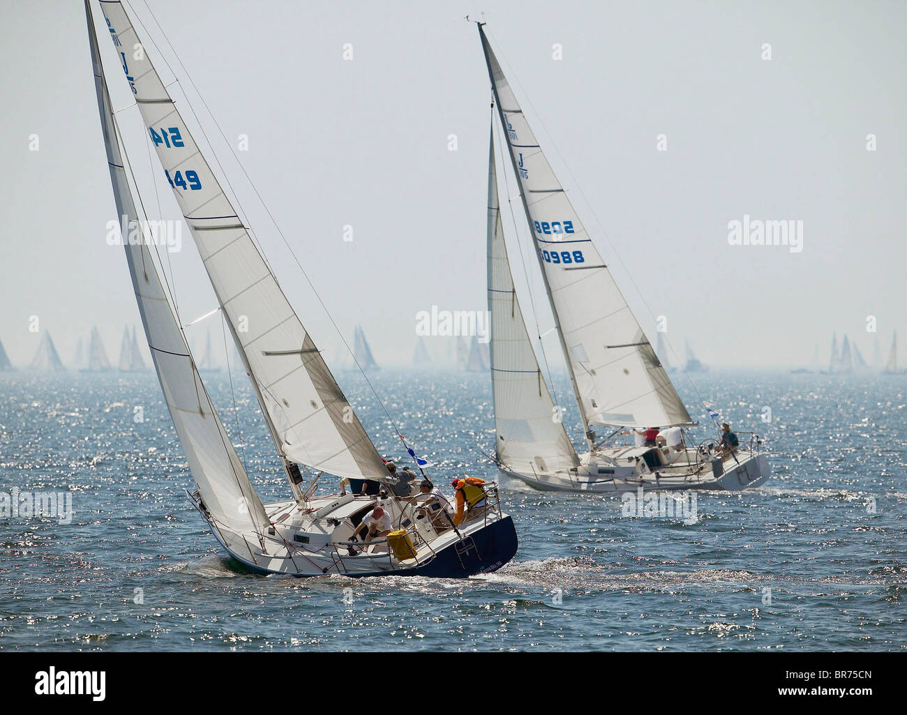 Two J-105's heading upwind while a fleet glides by on the horizon, Block Island Race Week, Rhode Island, USA, 2003. Stock Photo