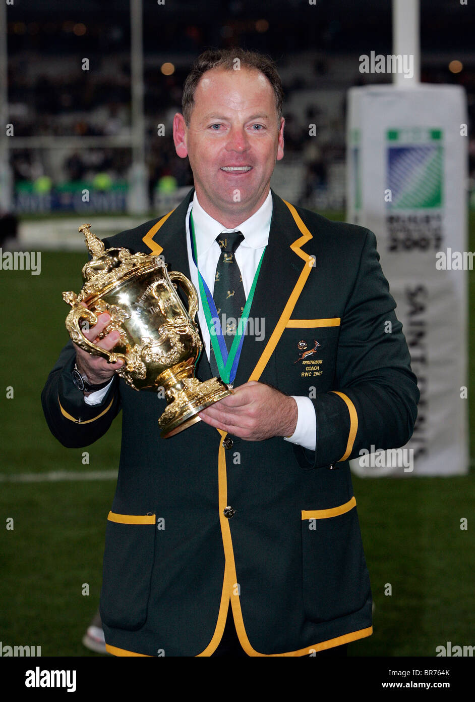 South African coach Jake White holds the trophy after the 2007 IRB Rugby World Cup Final Stock Photo