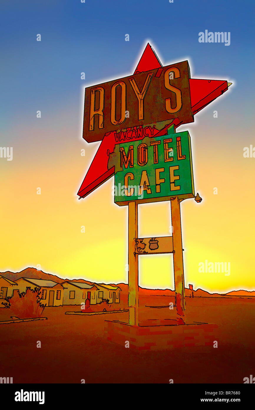 Illustration of Roy's Cafe, Old Route 66, Amboy, California Stock Photo