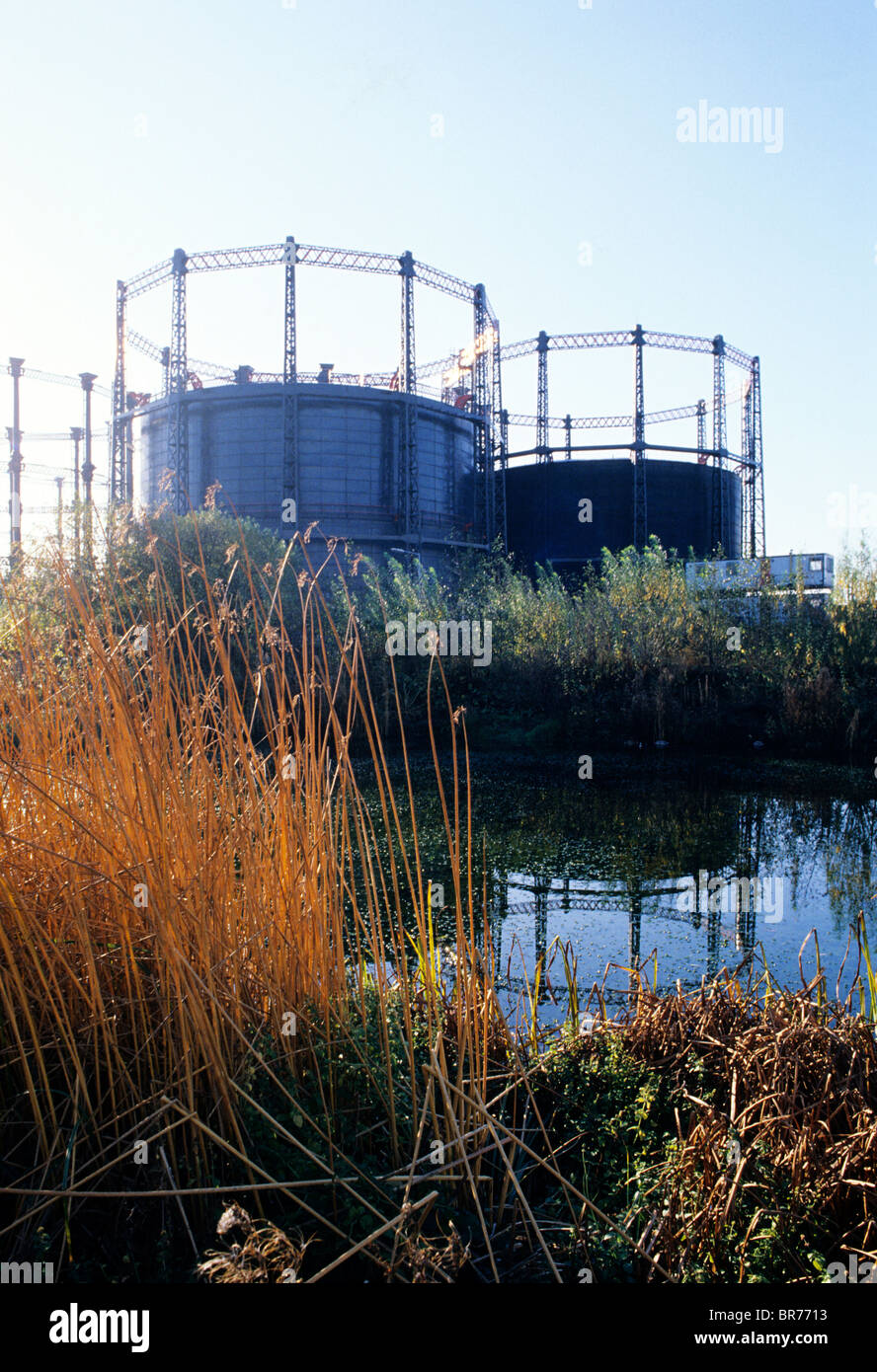 Gas Holders, Victorian, Camley Street, Kings Cross, London, from Natural Park, St.Pancras gasometer gasometers English British Stock Photo