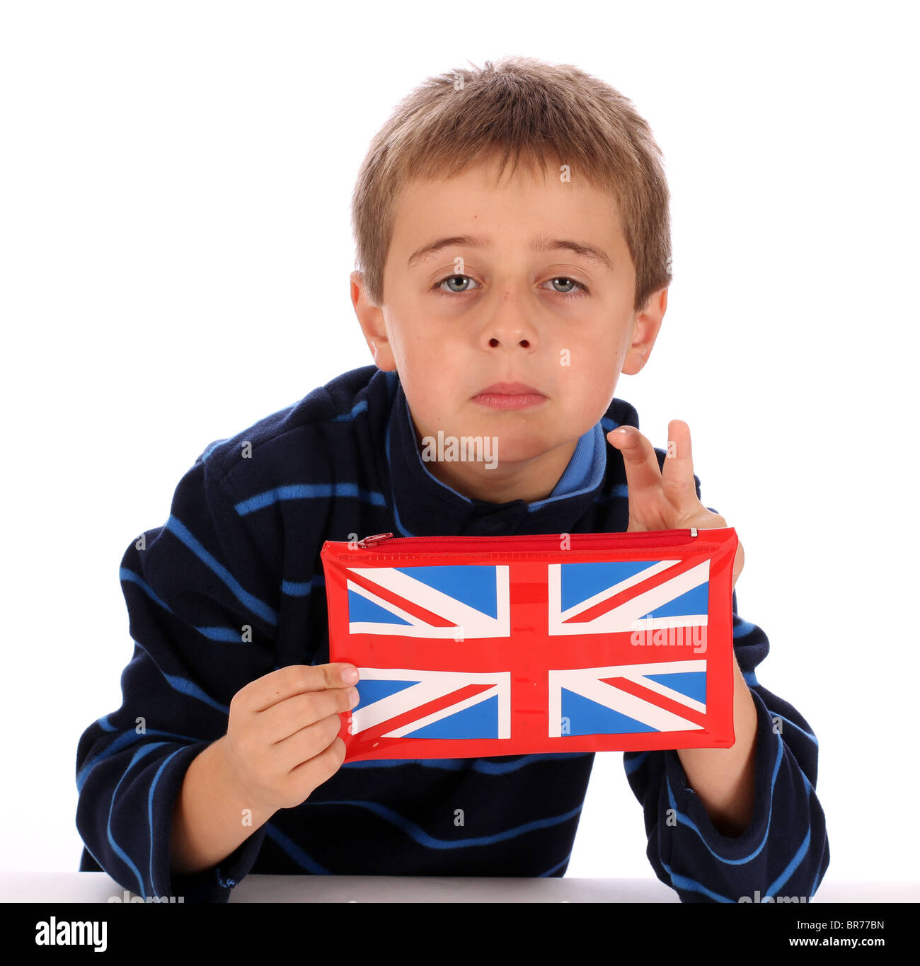 Small boy with his British flag pencil case Stock Photo Alamy