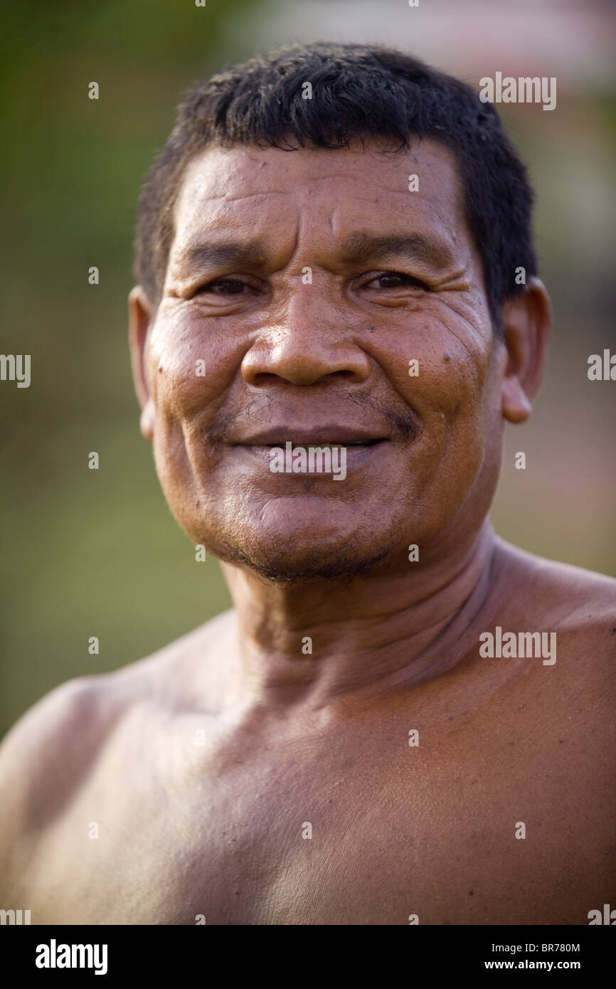 A portrait of a man working in the remote indigenous Miskito village Krin Krin Nicaragua on the Rio Coco. Stock Photo