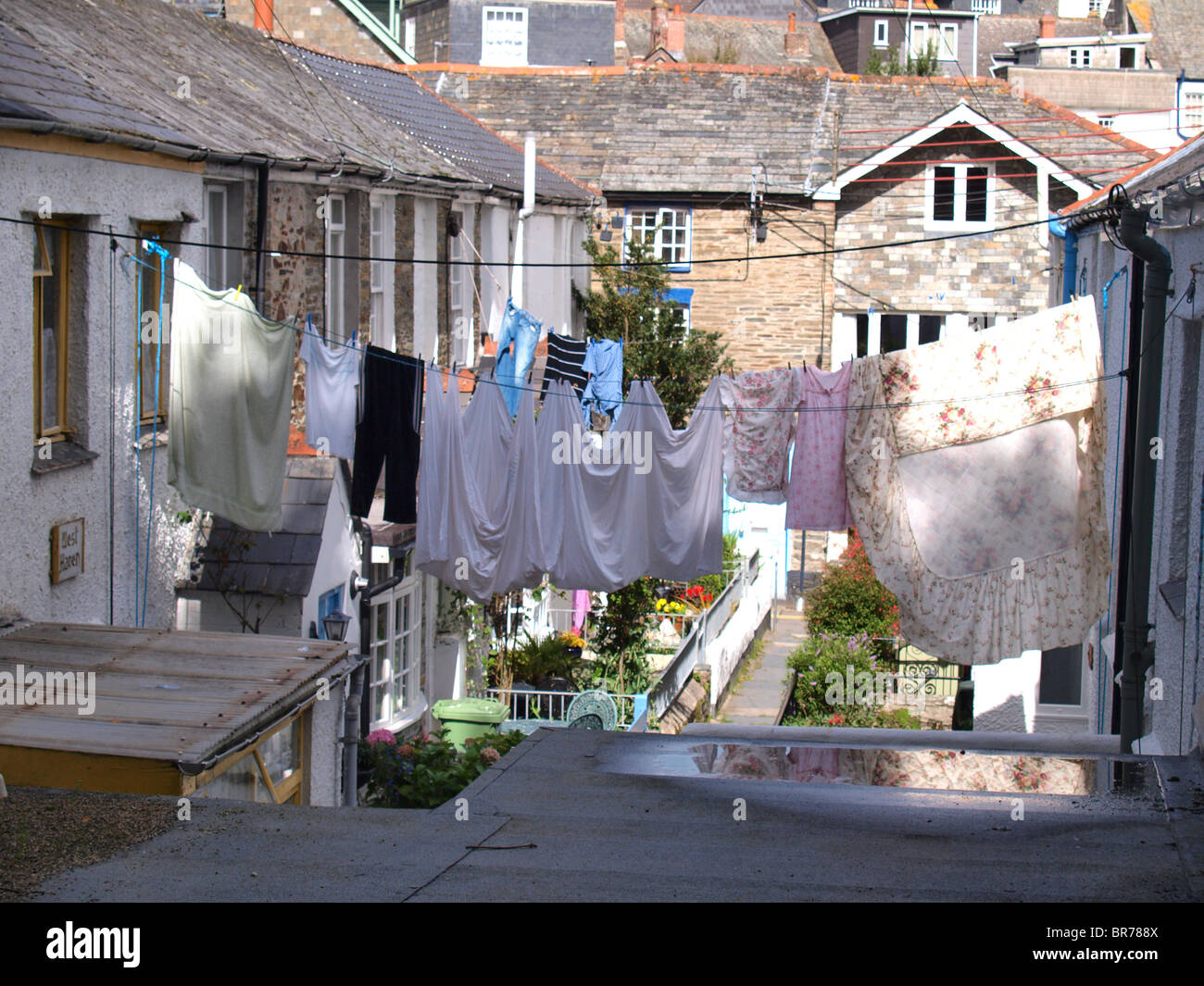 Washing hanging between houses, Padstow, Cornwall, UK Stock Photo Alamy