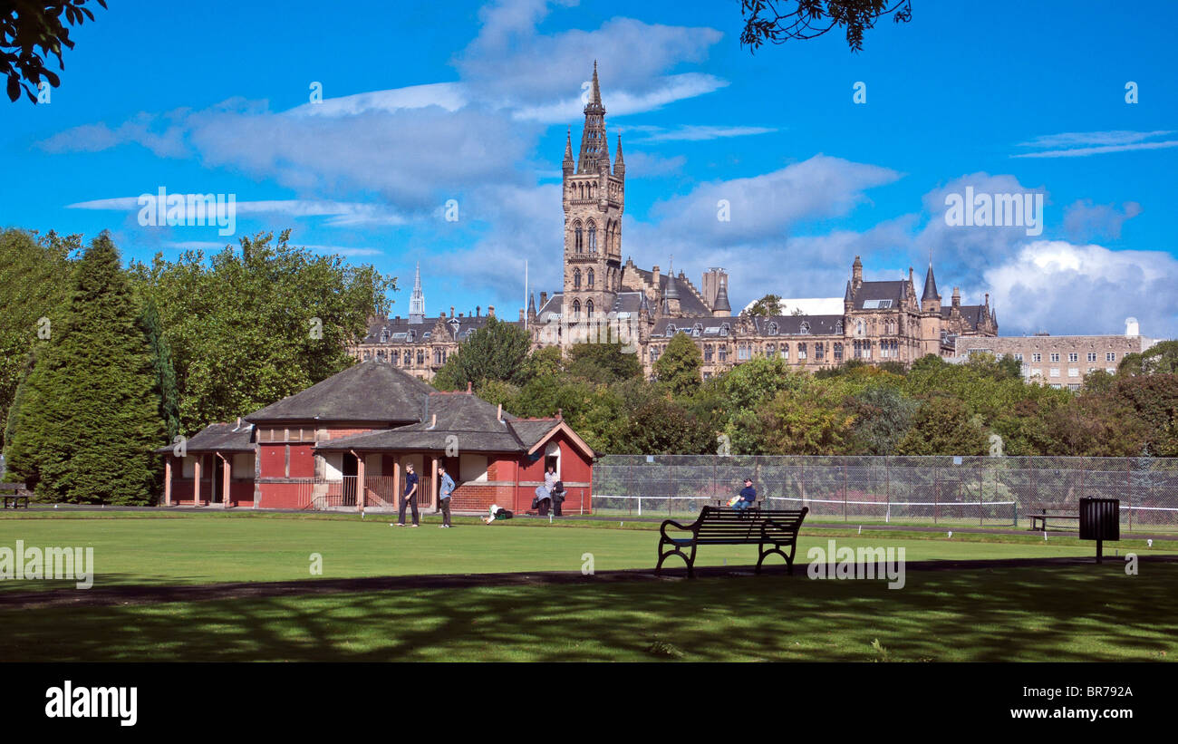 View to University of Glasgow across bowling green in Kelvingrove Park in Glasgow Scotland Stock Photo