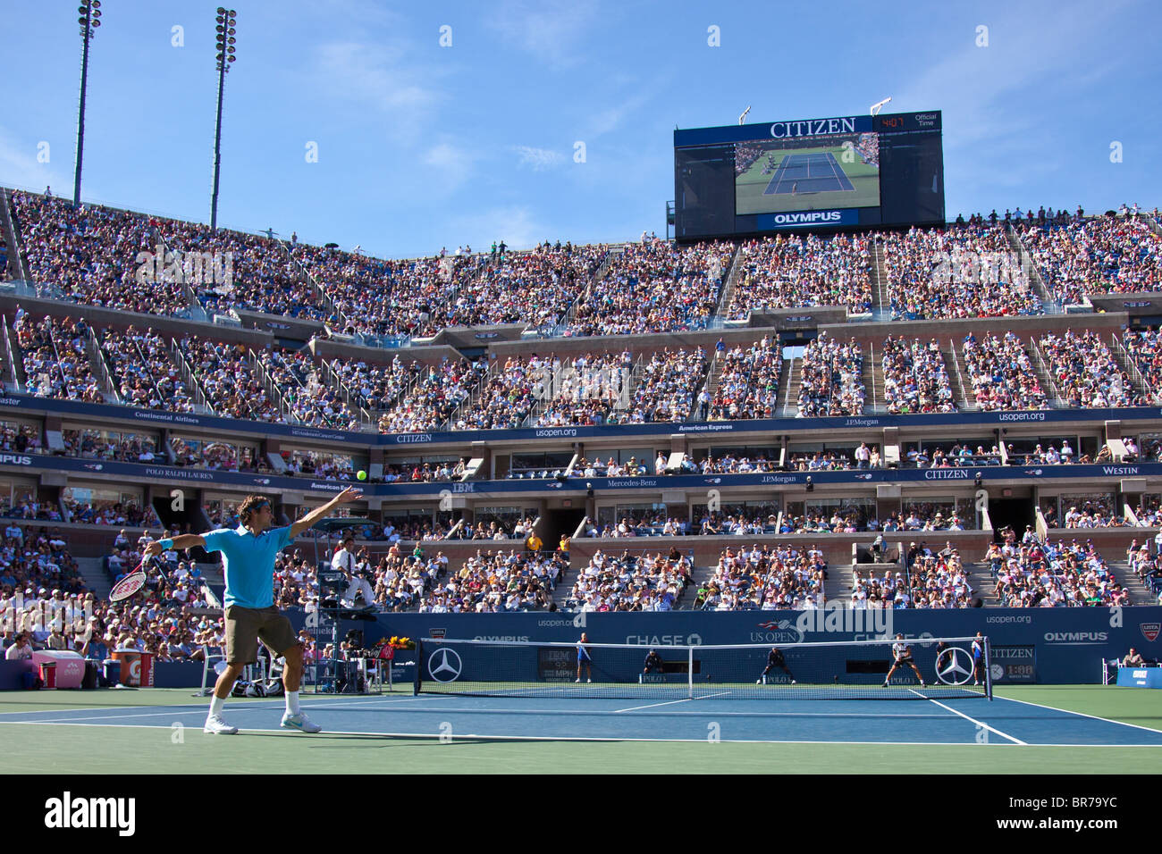 Roger Federer (SUI) competing in the Men's Semi-Finals in Arthur Ashe Stadium at the 2010 US Open Tennis. Stock Photo