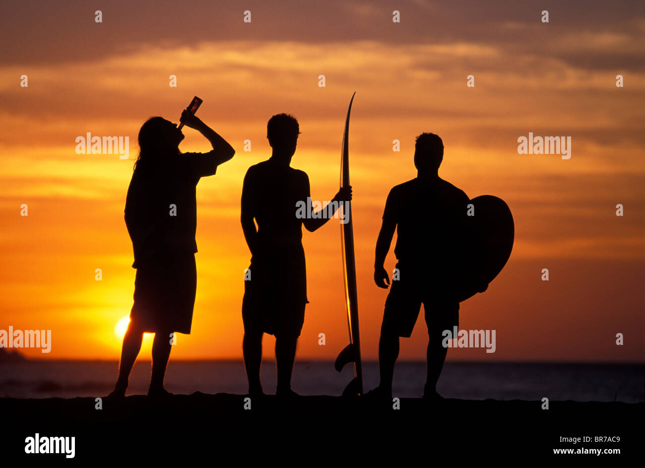 Friends watching the sunset on the beach with their ...
