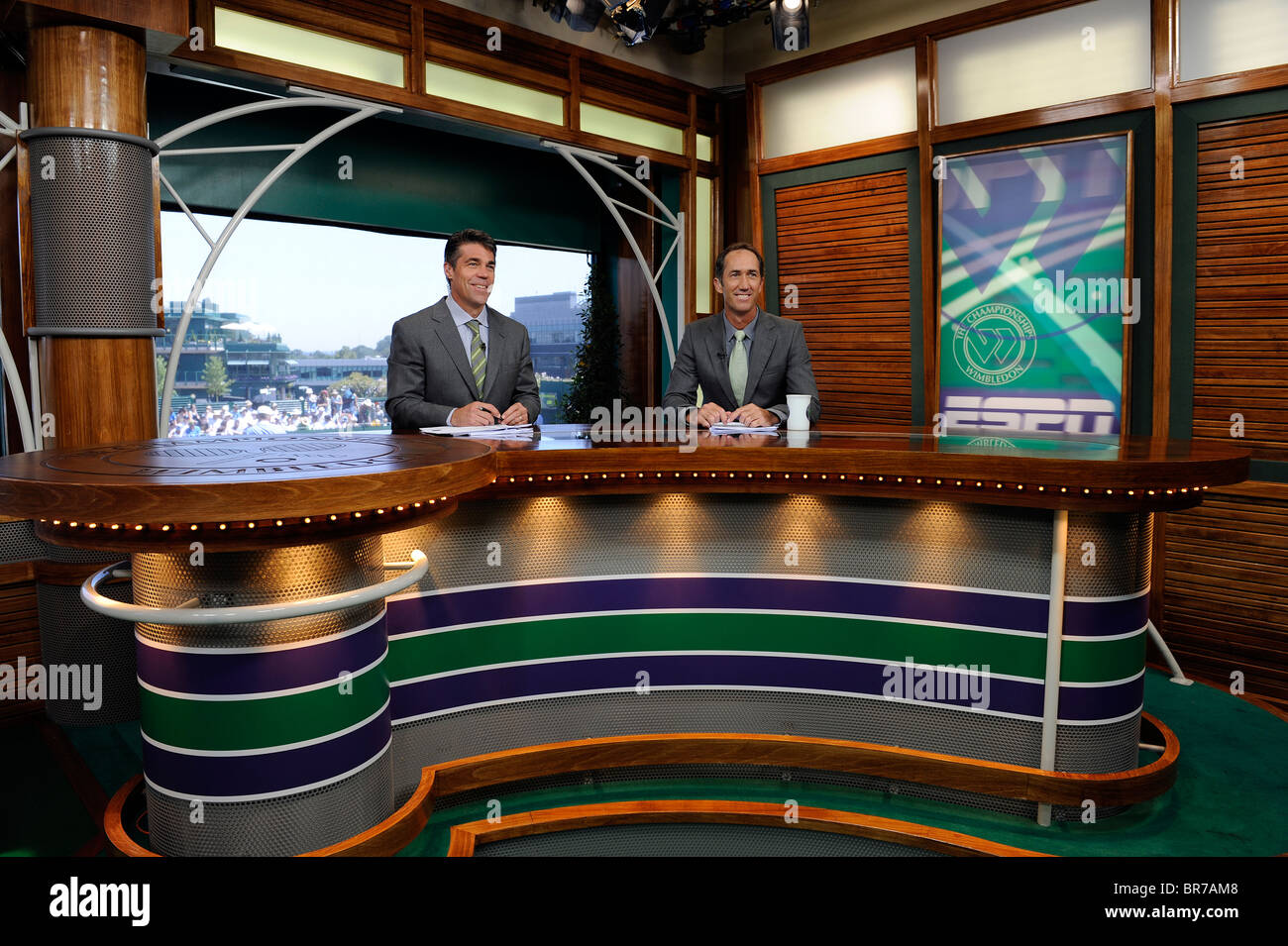 Chris Fowler (left) and Darren Cahill present ESPNs coverage of the 2009 Wimbledon Championships from their studio Stock Photo