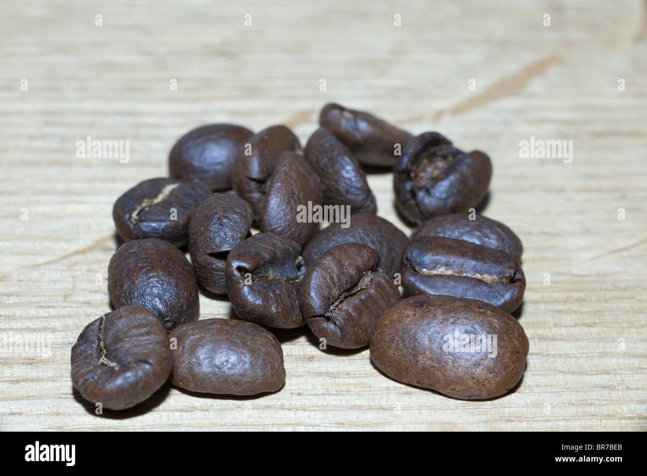 Macro image of coffee beans on wood counter. Note Differential Focus