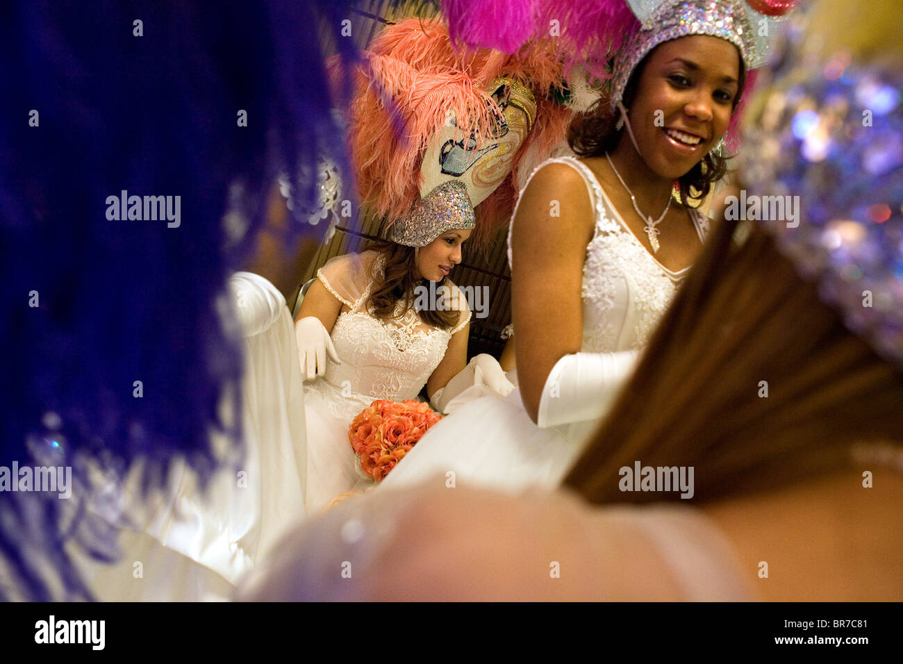 Debutantes wait backstage for New Orleans Young Men Illinois Club's first Post-Katrina ball Stock Photo