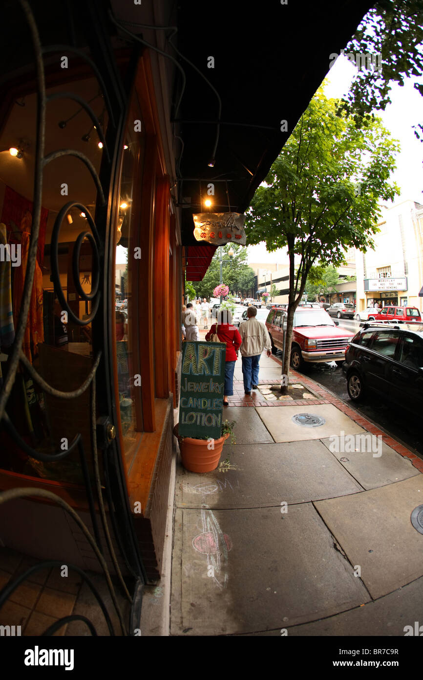 Shops and tourists along Biltmore Avenue in downtown Asheville NC Stock Photo