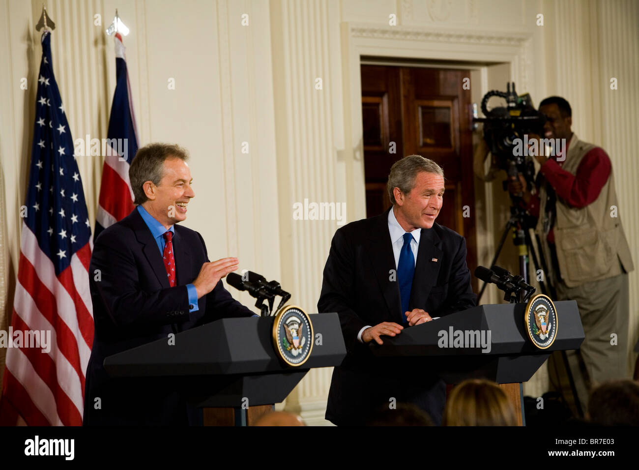 Tony Blair and George W. Bush at the White House. Stock Photo