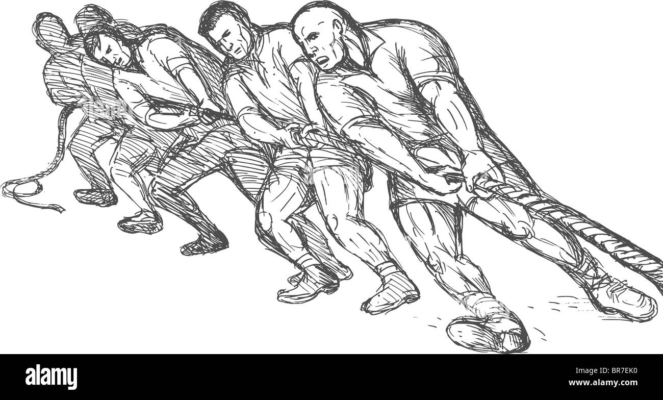 hand drawn illustration of a Team or group of men pulling rope tug of war Stock Photo