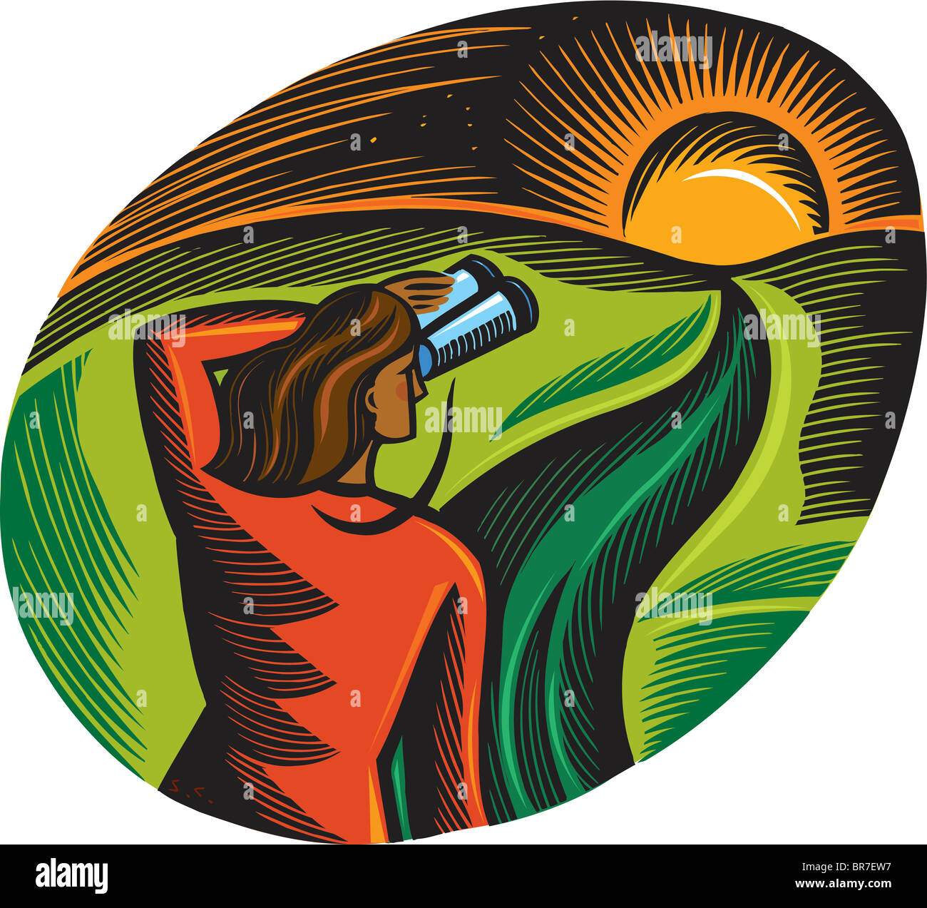 a woman looking at the sun through binoculars Stock Photo Alamy