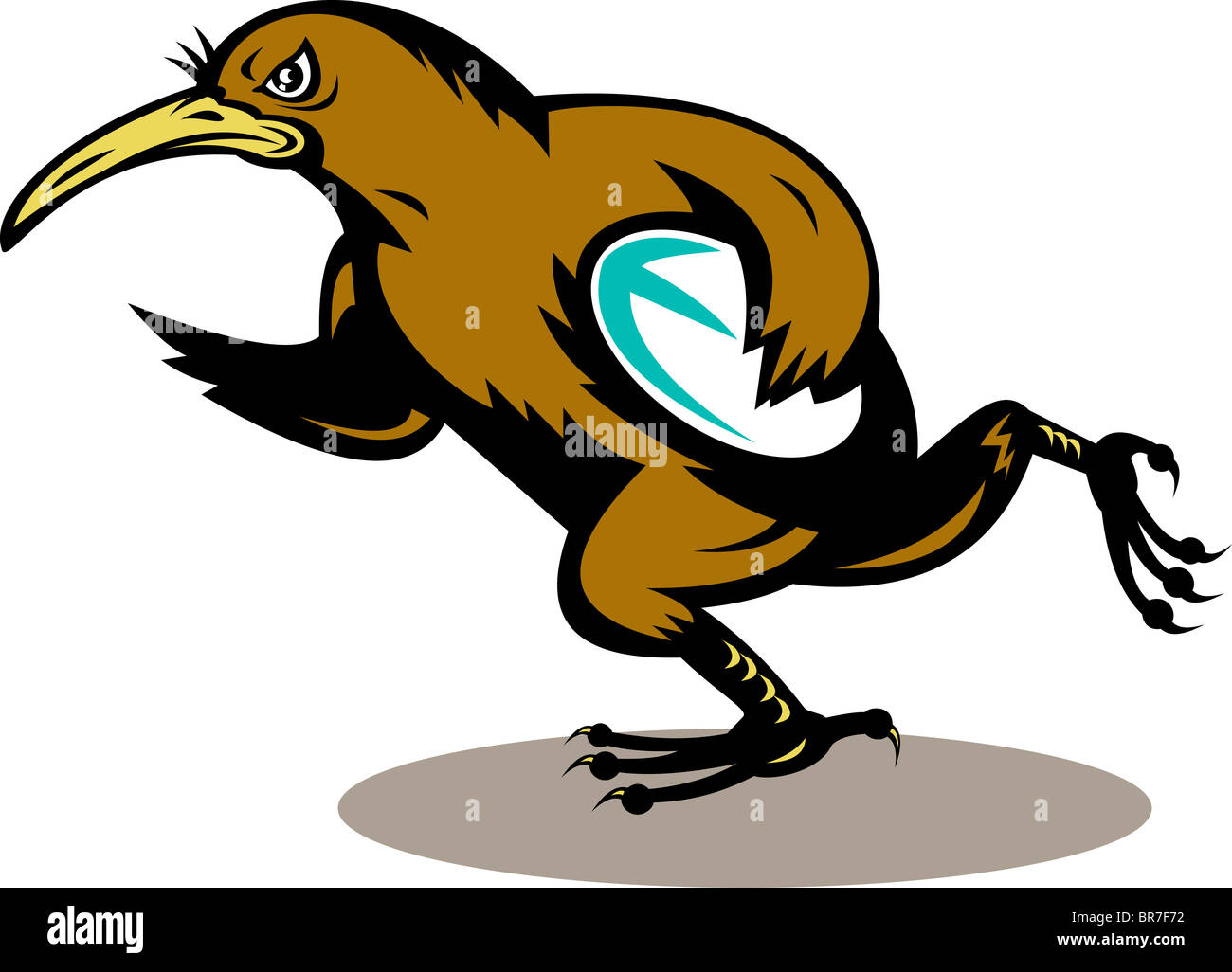 illustration of a cartoon Kiwi rugby player running with ball isolated on white Stock Photo