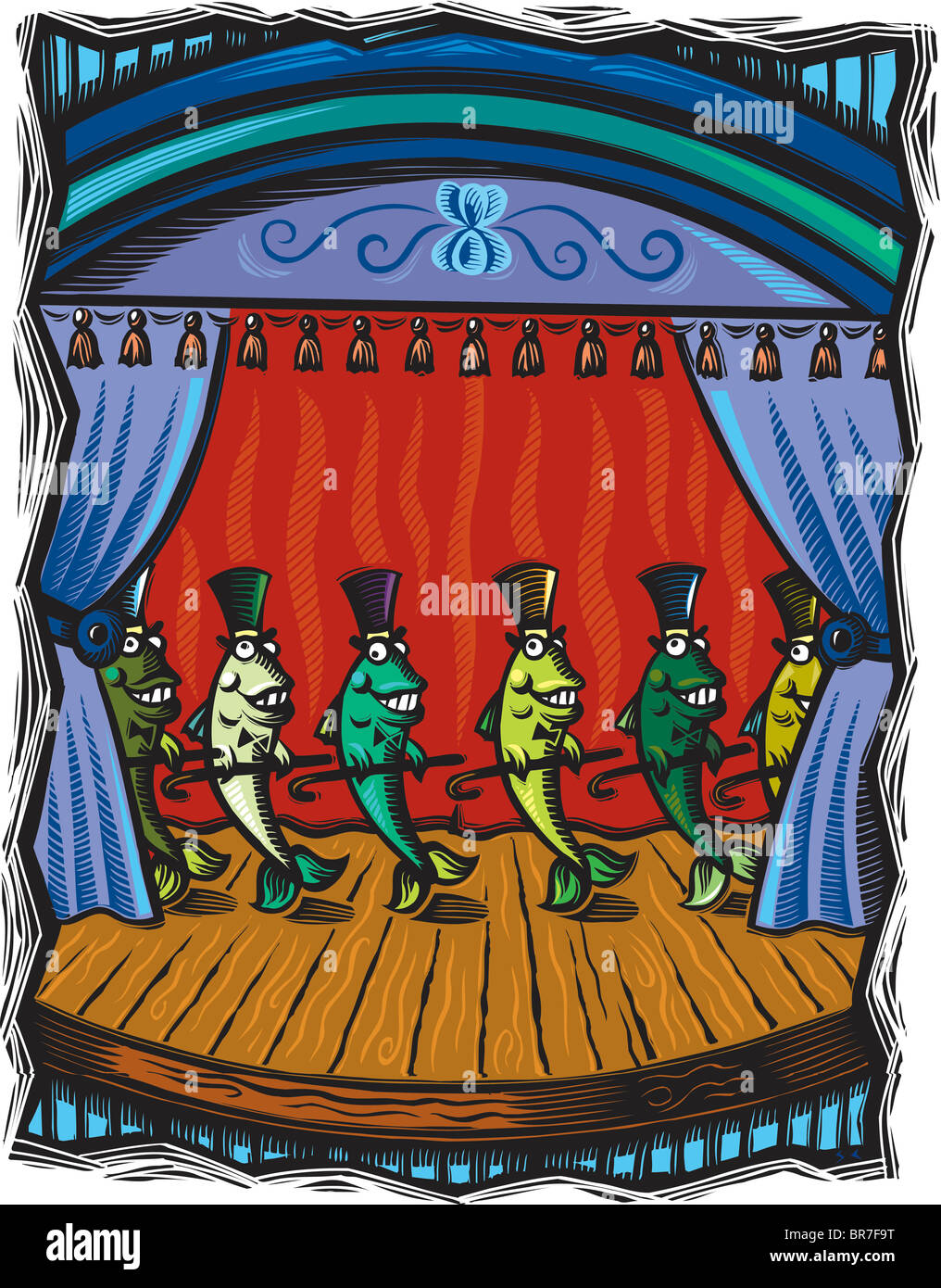 Dancing fish on stage holding canes and wearing top hats Stock Photo - Alamy