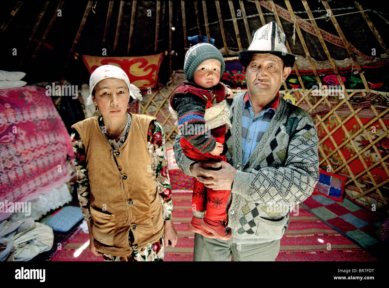 Kygyz Family in a yurt in Gorno Badakshan Stock Photo