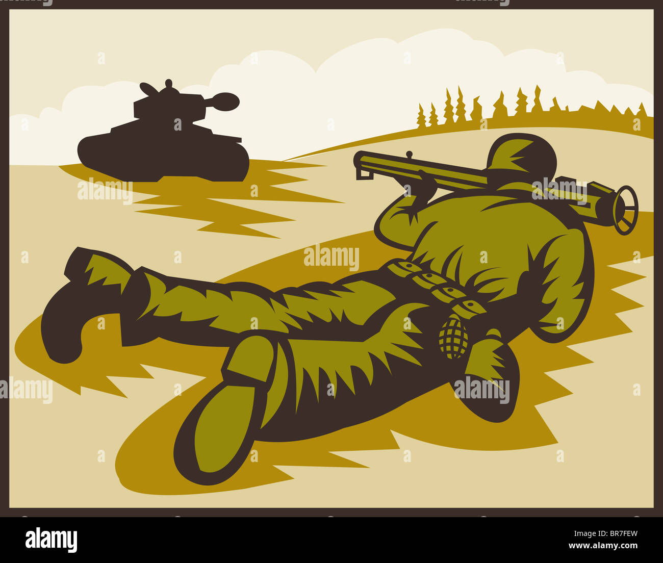 World two soldier aiming bazooka at battle tank retro style illustration Stock Photo