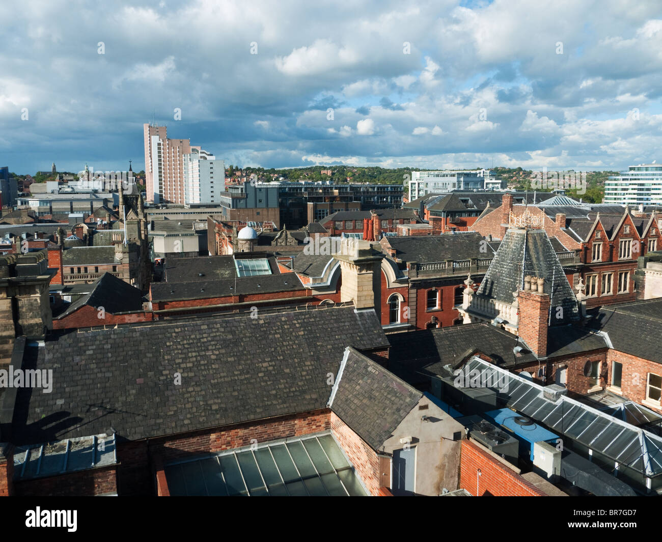 A view across the rooftops of Nottingham city centre, taken from the fifth floor of the Ibis hotel. Stock Photo