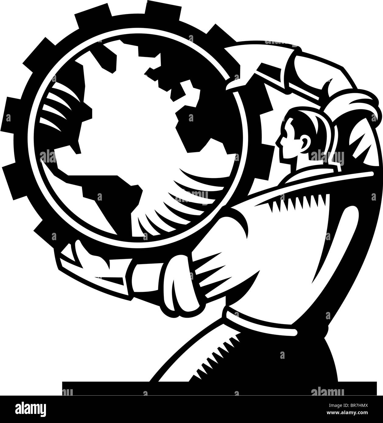 Drawing of a man turning the world around Stock Photo