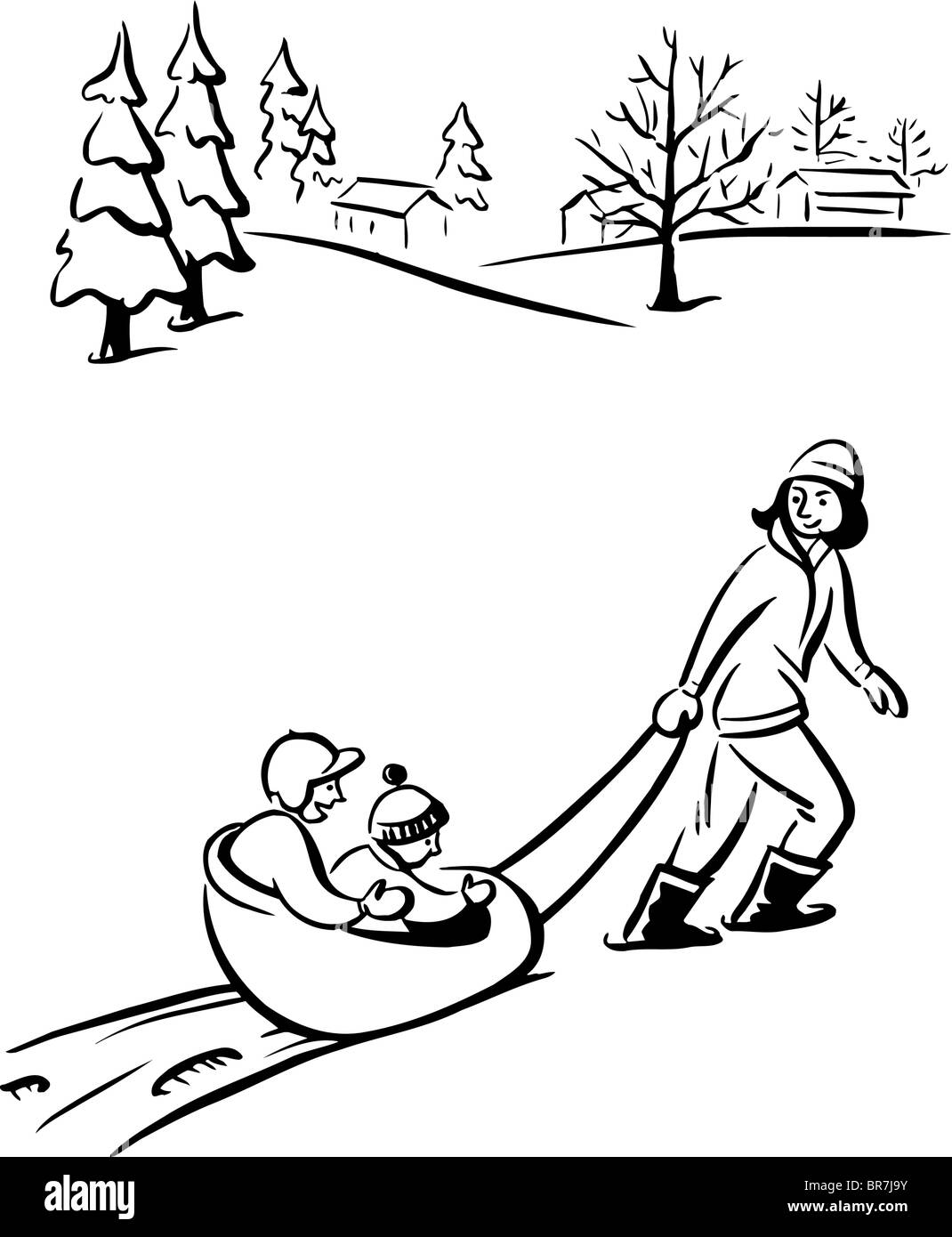 Families sled in snow Cut Out Stock Images & Pictures - Alamy