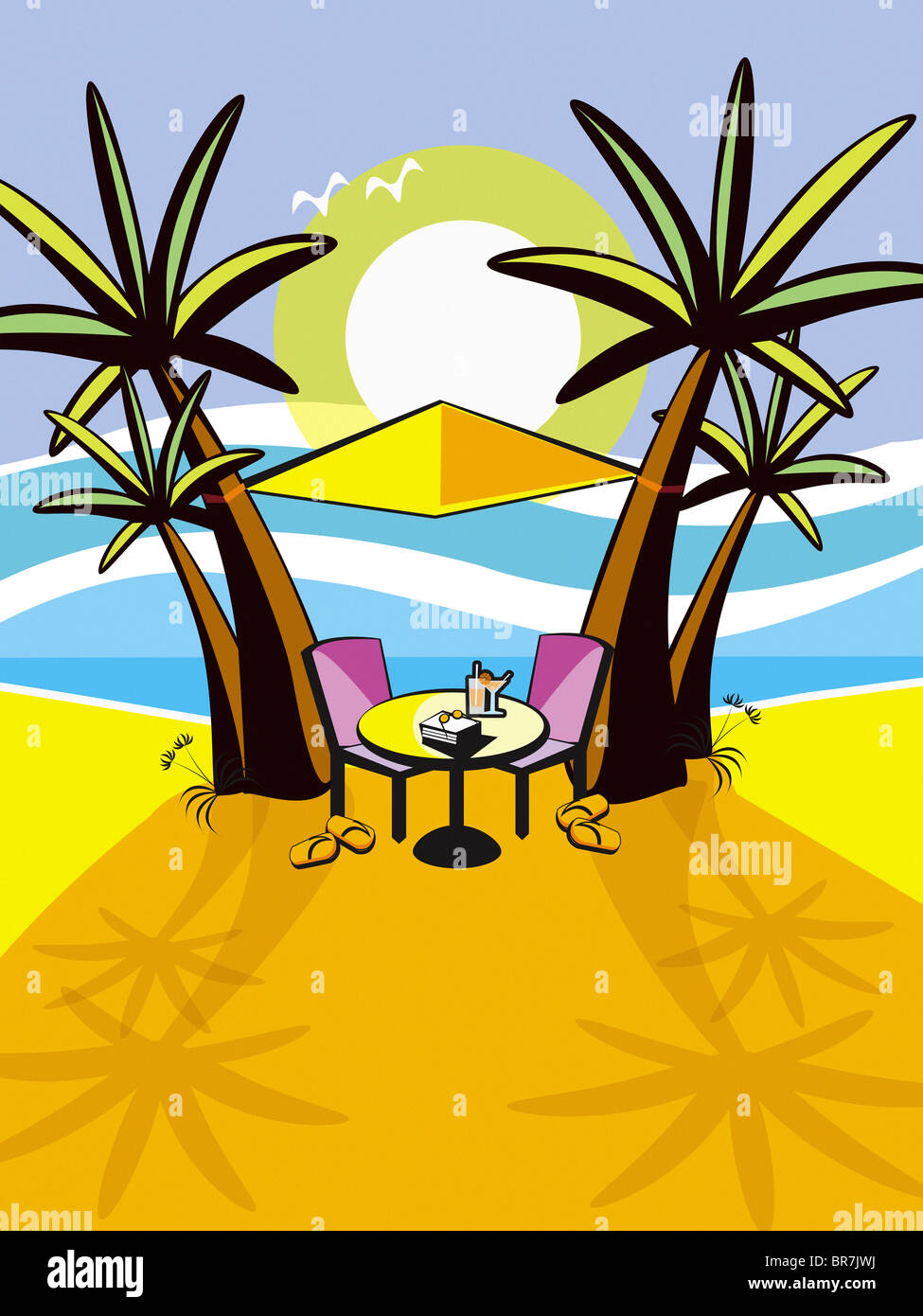 A covered table and chairs between to palm trees on a beach Stock Photo Alamy