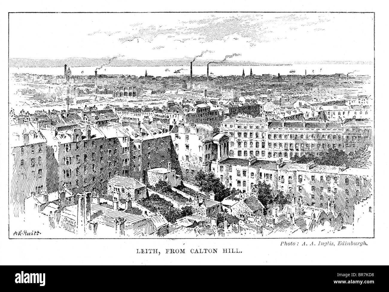 View of Leith from Calton Hill during the 19th century. Stock Photo