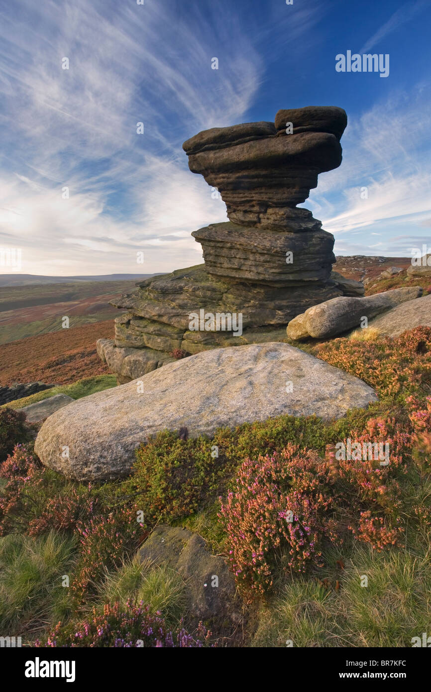 The 'Salt Cellar' an oddly shaped Gritstone rock formation on Derwent Edge in The Derbyshire Peak District UK Stock Photo