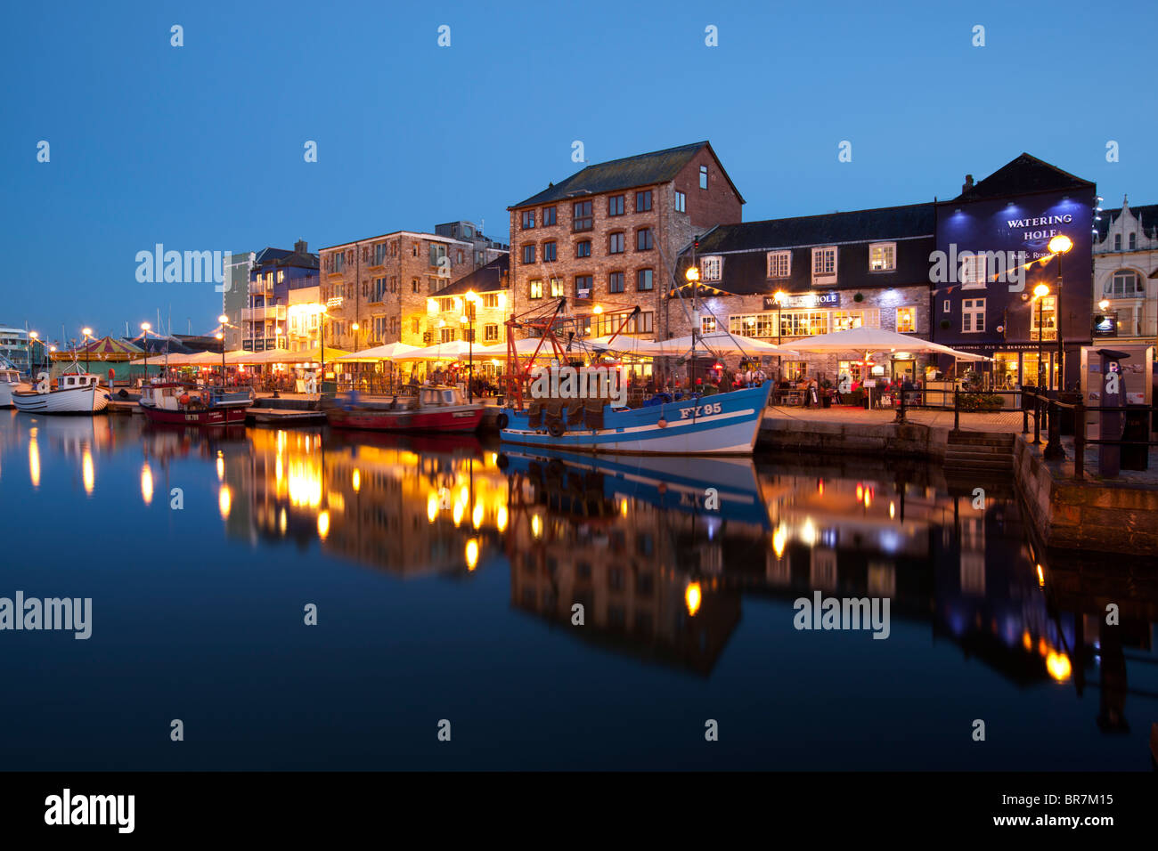 Restaurants and bars at night in Plymouth's Barbican district Stock