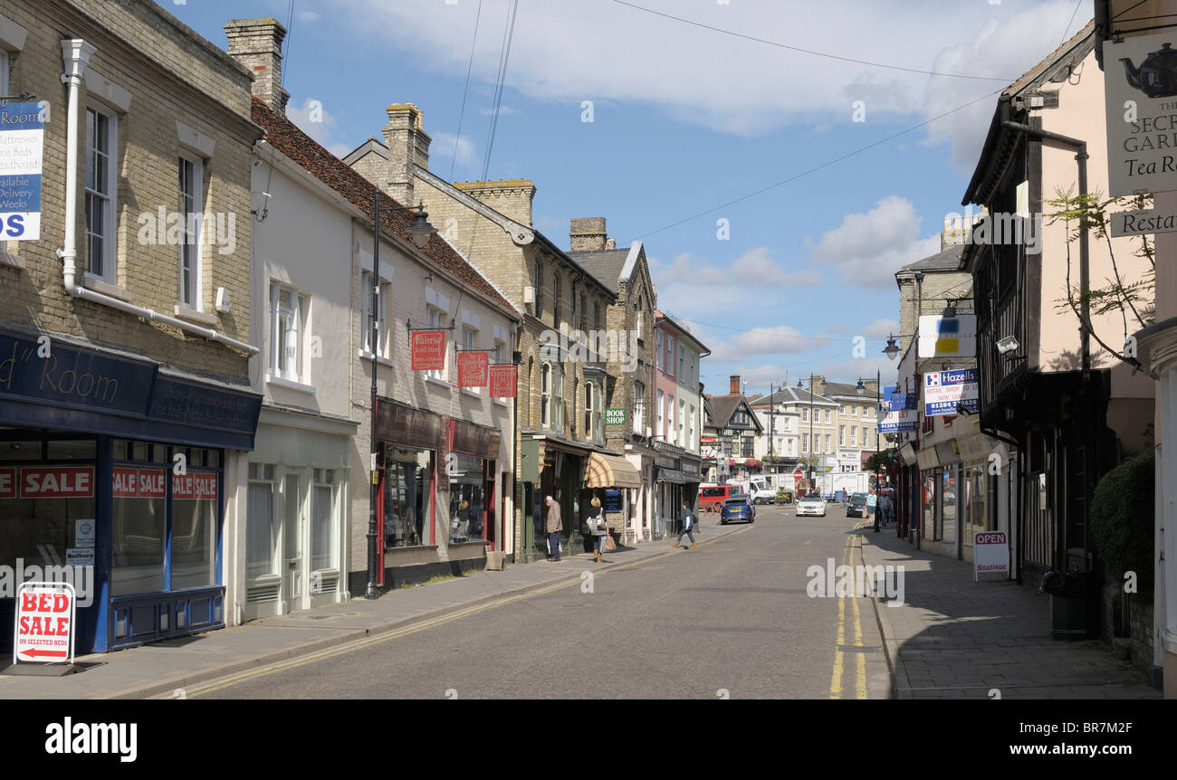 Shops in Friars Street in Sudbury, Suffolk, England, on a sunny day