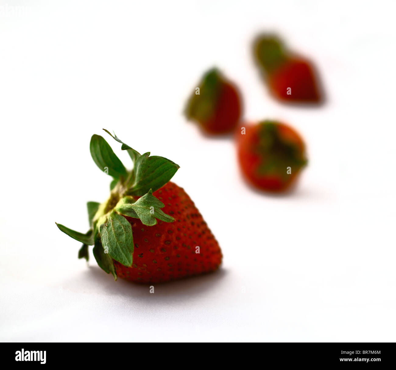 Four strawberry's on a white background with one of them in focus. Stock Photo