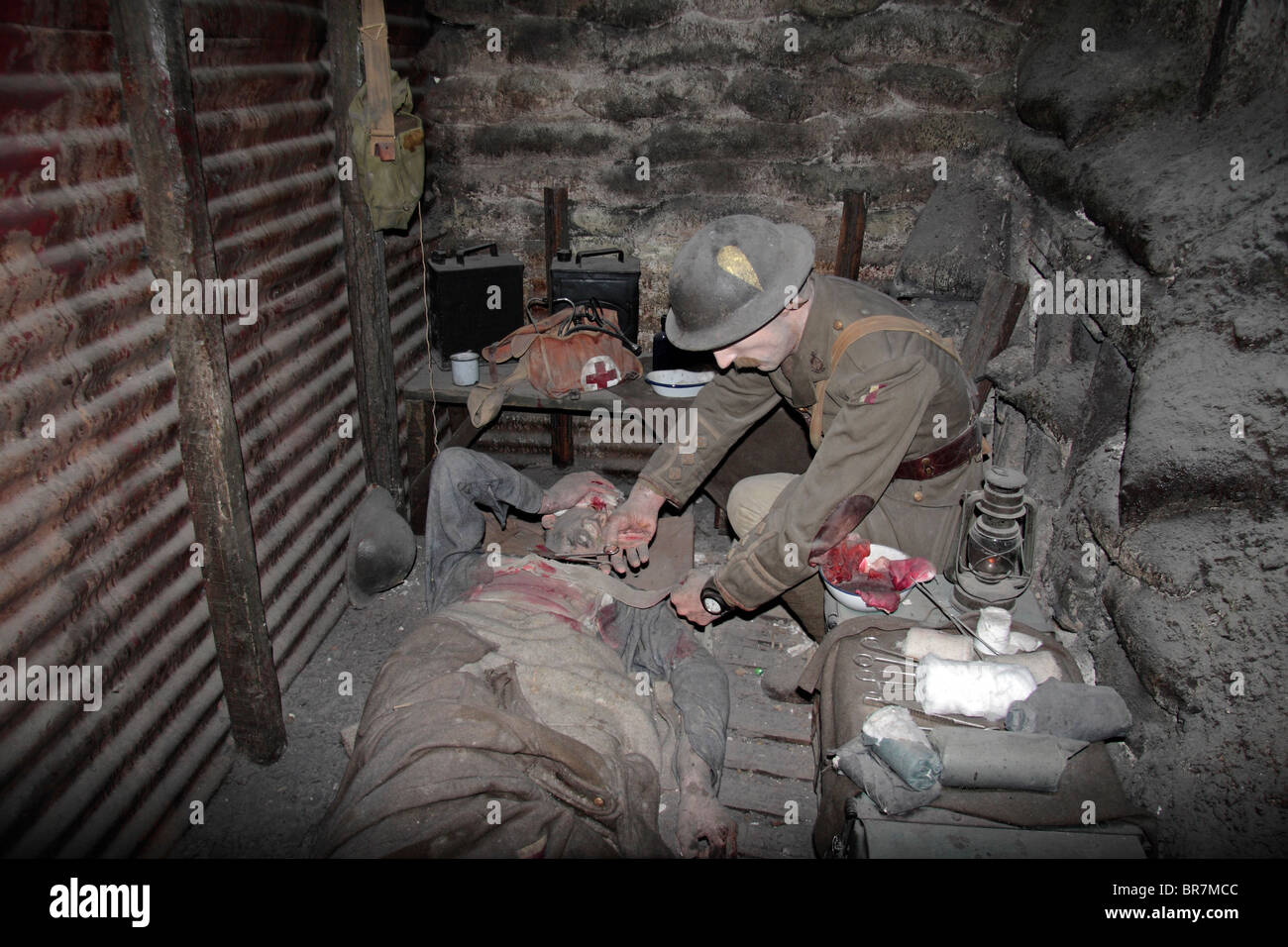 Medic at work. Recreation of life in the trenches of World War One at the Imperial War Museum, London, UK. Stock Photo