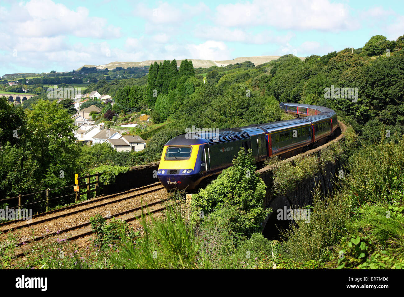 125 Express train crossing St Austell Viaduct, Cornwall. Direction of travel towards us. Stock Photo