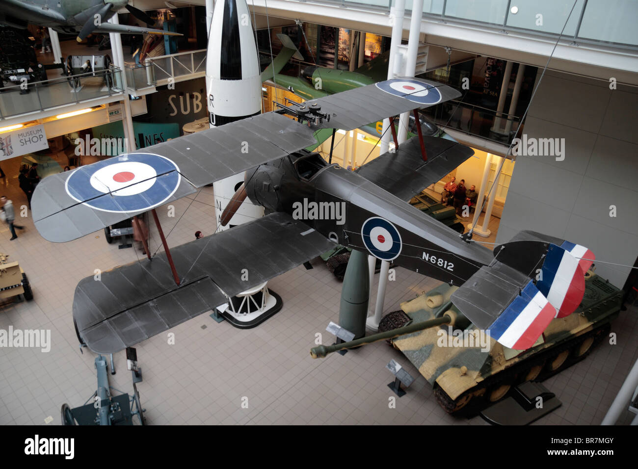 A Sopwith Camel 2FI hanging above the main display hall in the Imperial War Museum, London, UK. Stock Photo