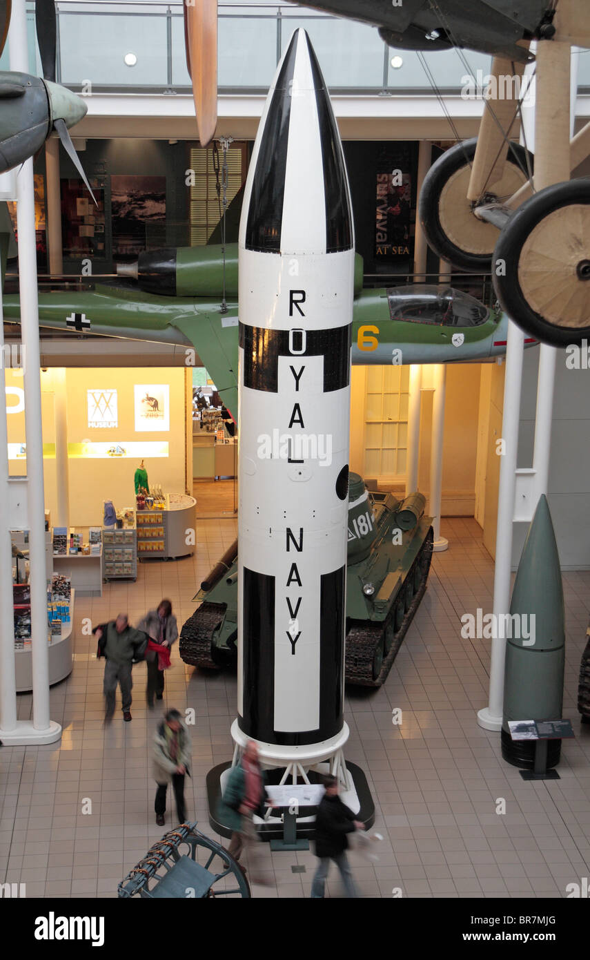 A black & white Royal Navy Polaris Nuclear missile standing in the main hall of the Imperial War Museum, London, UK. Stock Photo