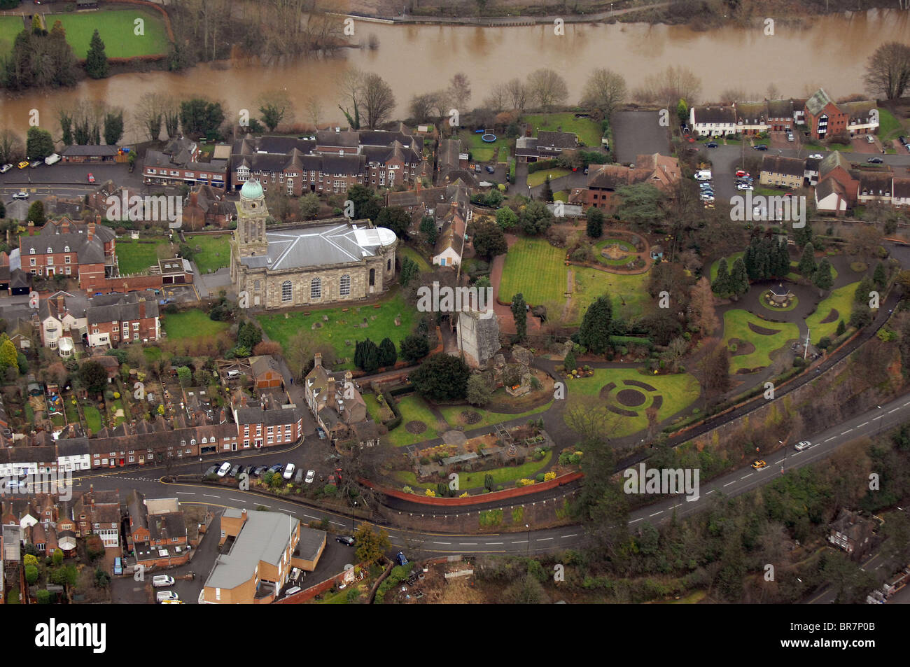 Aerial view St Mary's Church and Castle ruins Bridgnorth in Shropshire