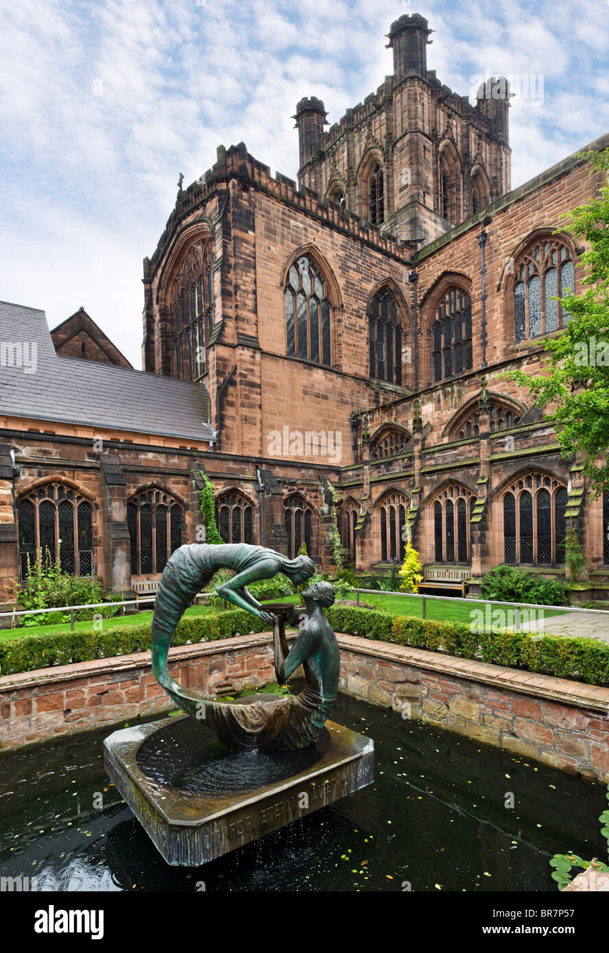 The water of Life sculpture by Stephen Broadbente in the Cloister Gardens, Chester Cathedral, Chester, Cheshire, England, UK Stock Photo