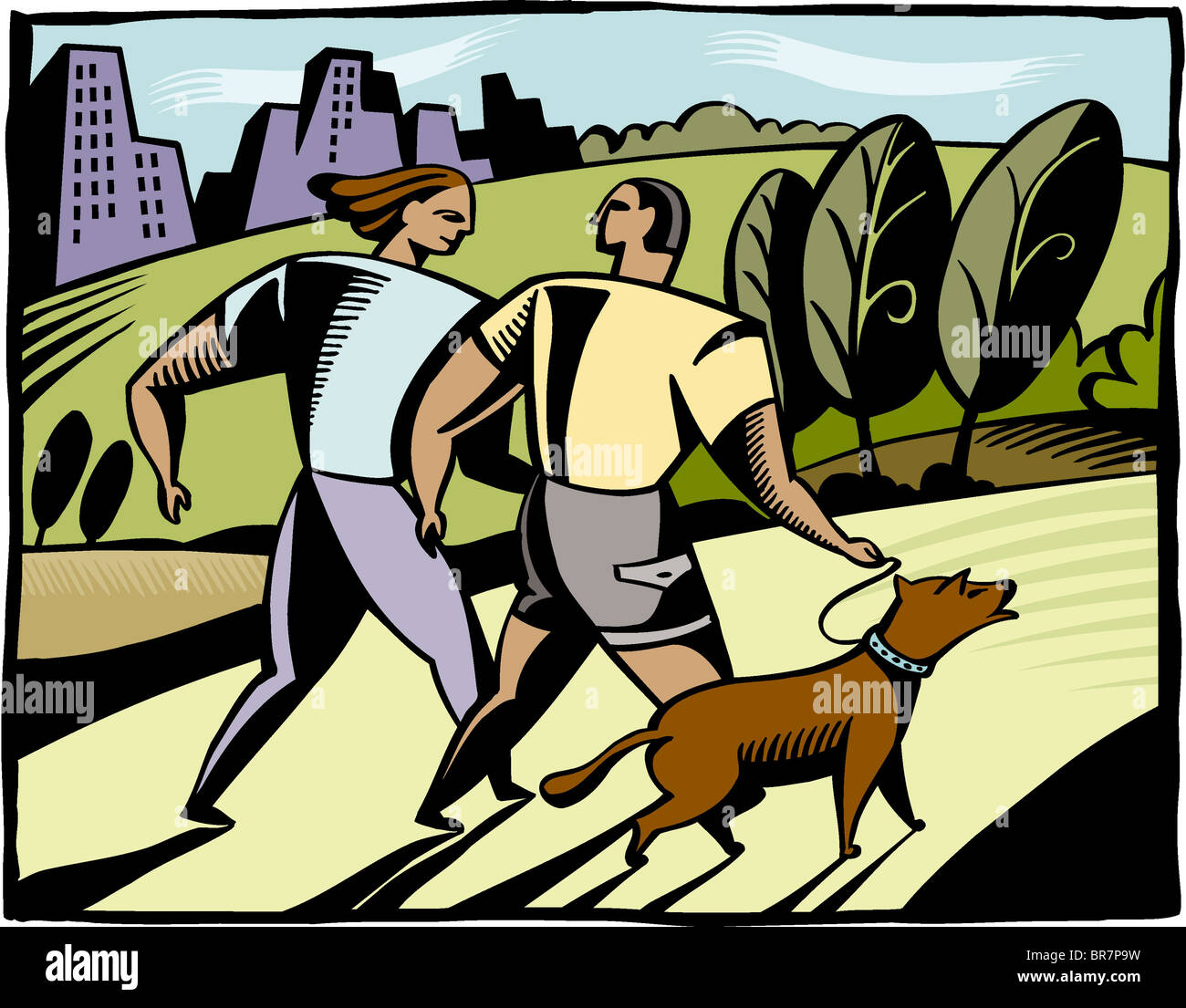 A couple walking through a park with a dog Stock Photo - Alamy