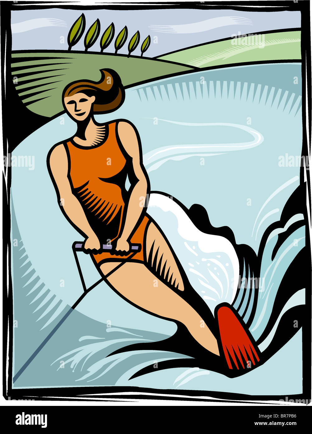 An Illustration Of A Woman Water Skiing BR7PB6 