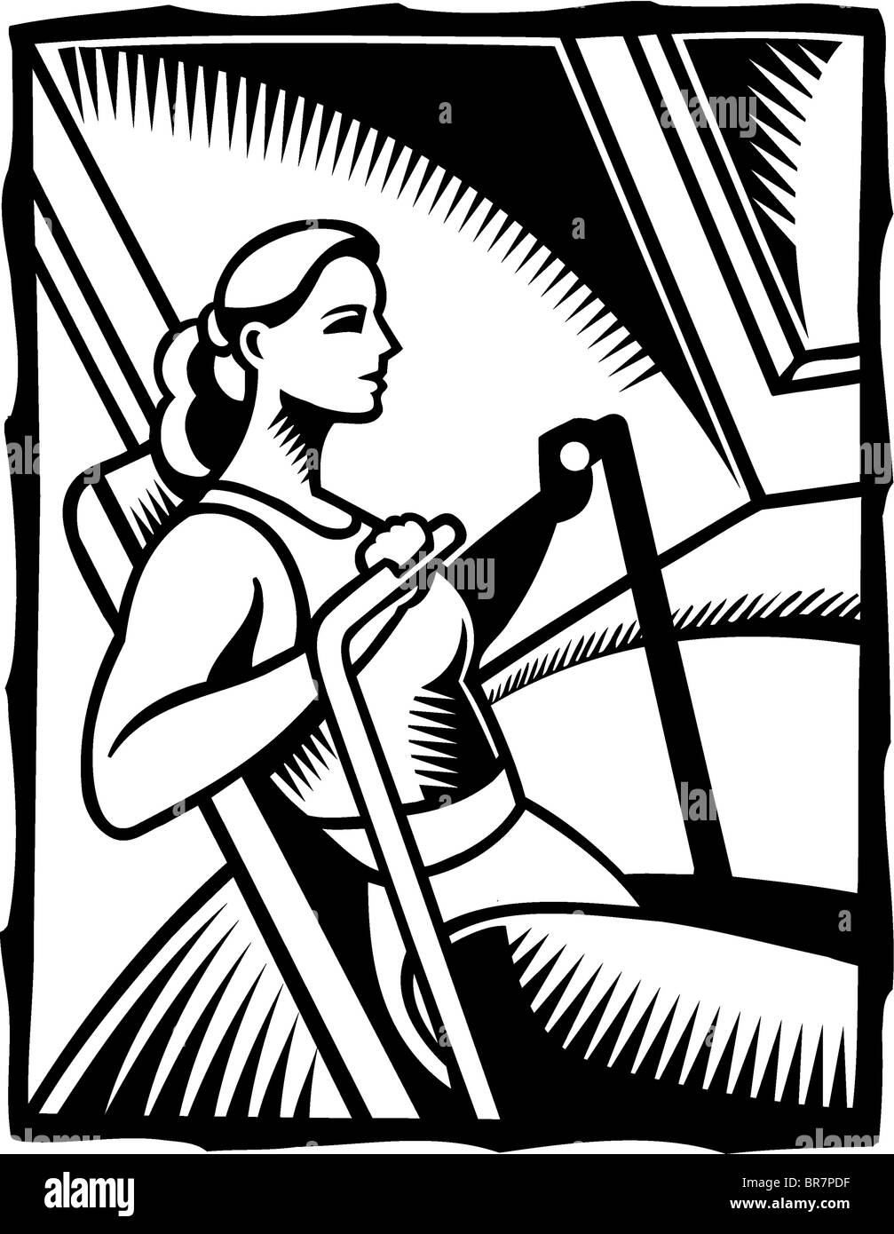 A black and white illustration of a woman exercising on a rowing machine Stock Photo