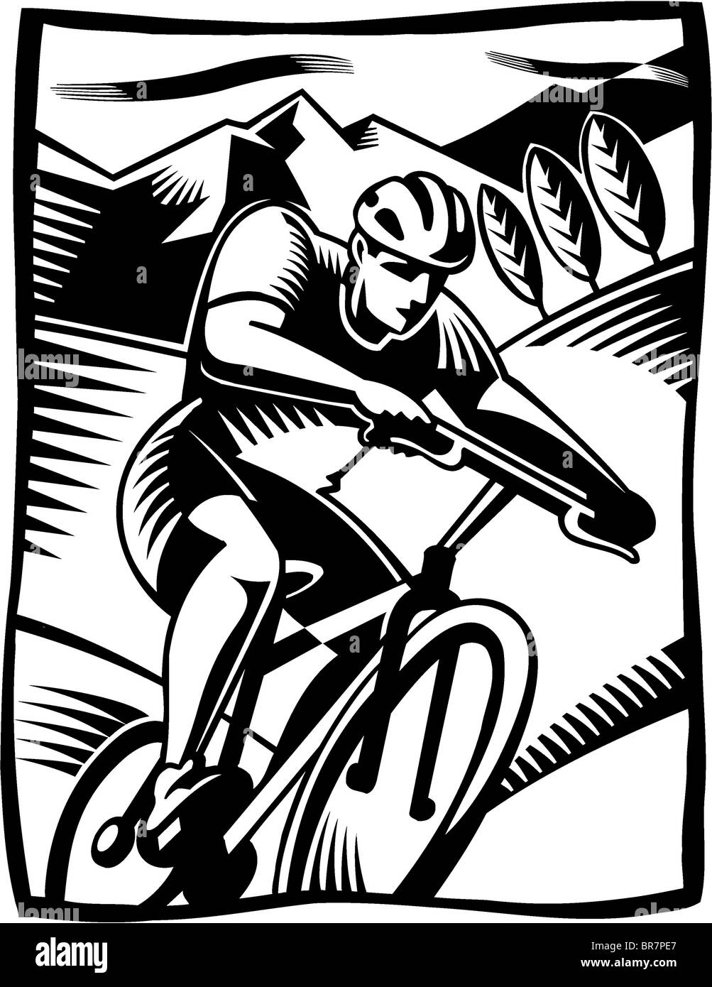 A black and white drawing of a man cycling on a mountain bike Stock Photo