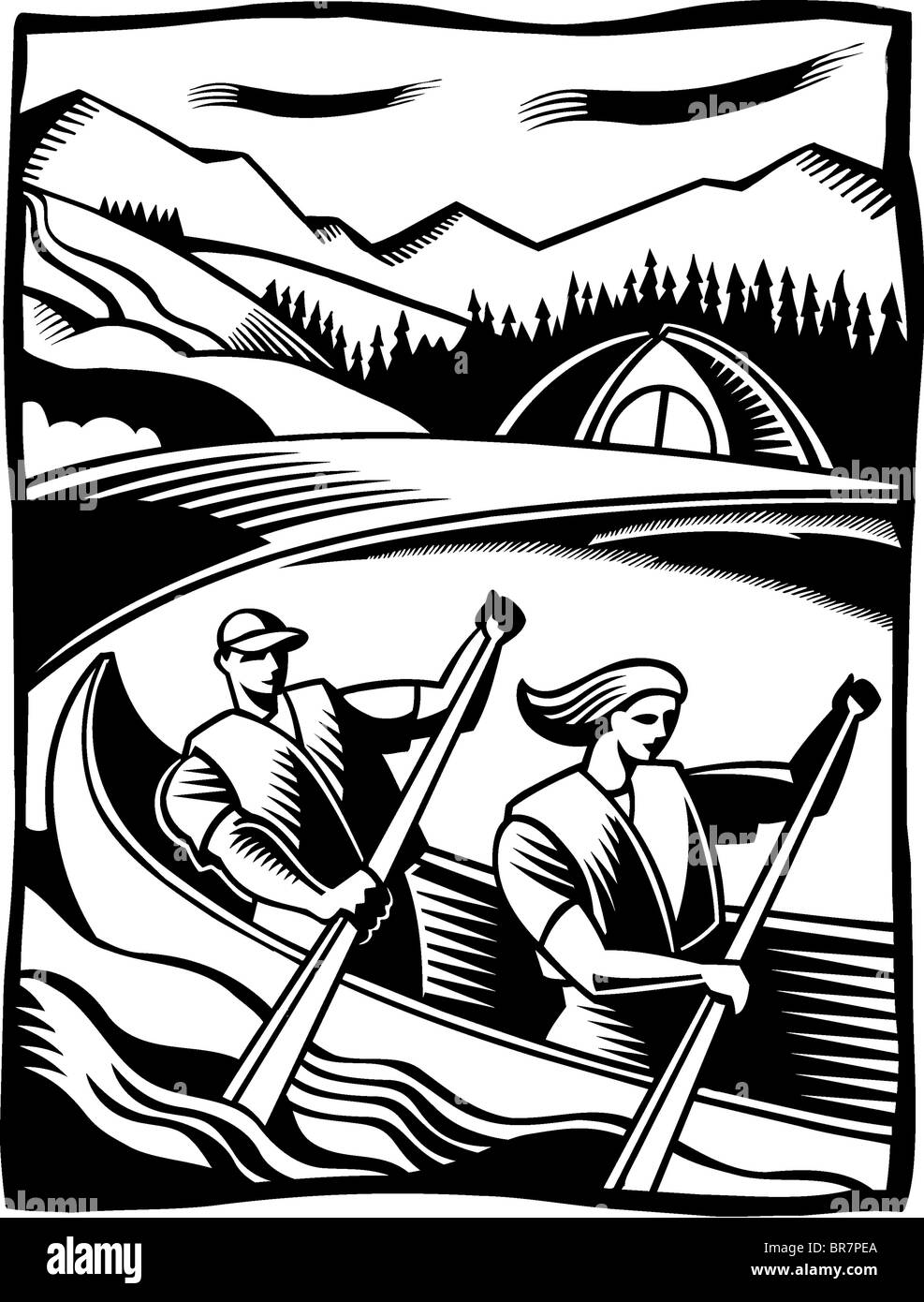 A black and white drawing of a couple canoeing in a river Stock Photo