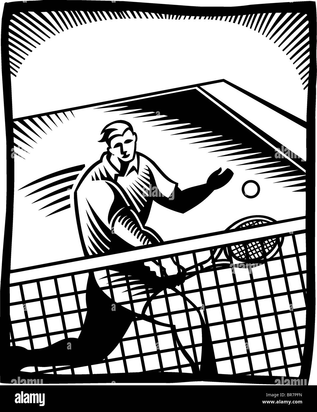 A black and white illustration of a tennis player playing in a match ...