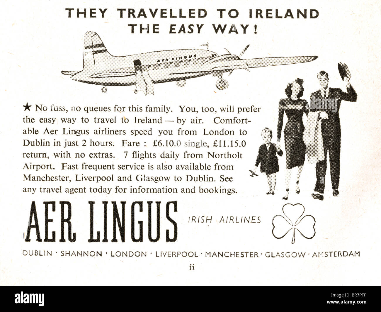 Black and white advert for Aer Lingus inside Lilliput magazine dated November 1947 Stock Photo