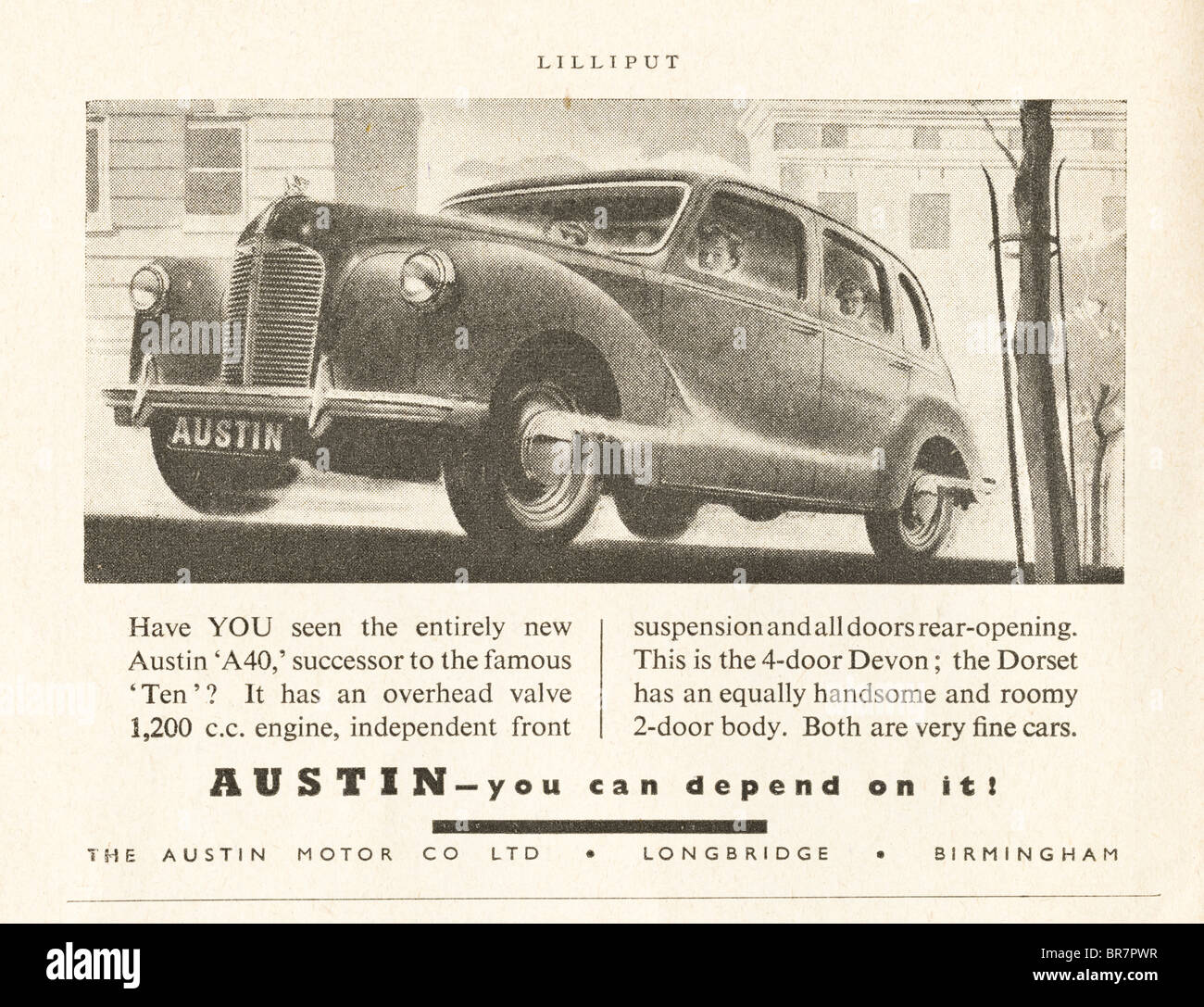 Black and white advert for Austin A40 car inside Lilliput magazine dated November 1947 Stock Photo