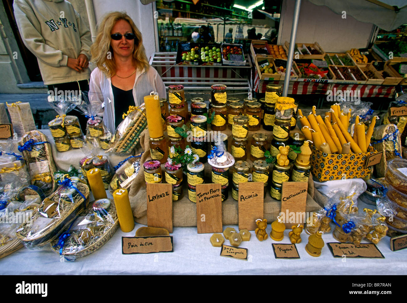 Frenchwoman, French woman, vendor, selling, honey, candles, Wednesday