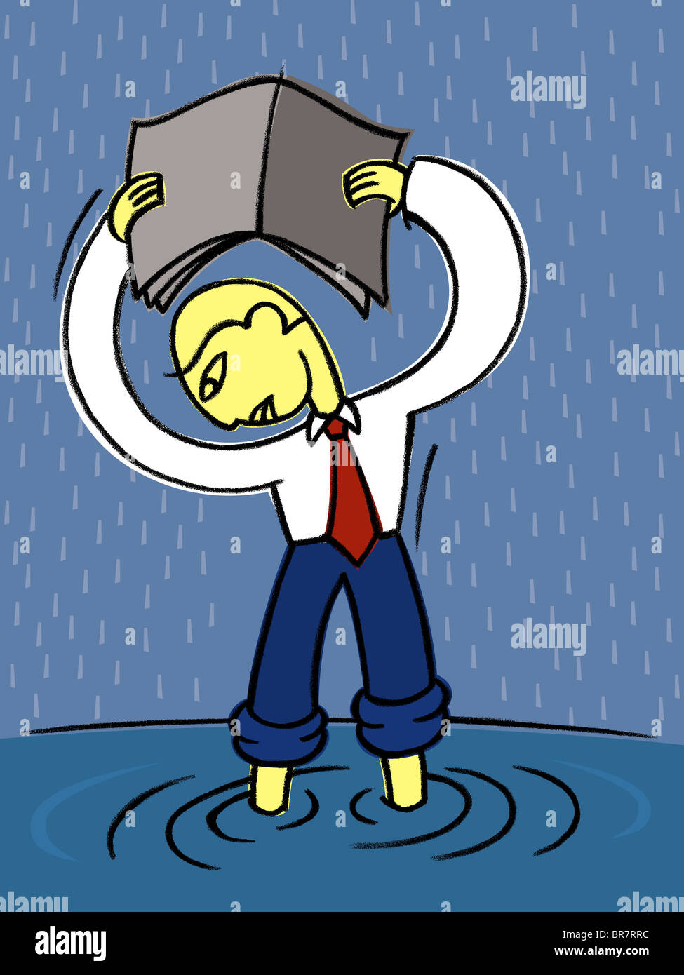 A businessman stranded in a flood during a heavy rain Stock Photo
